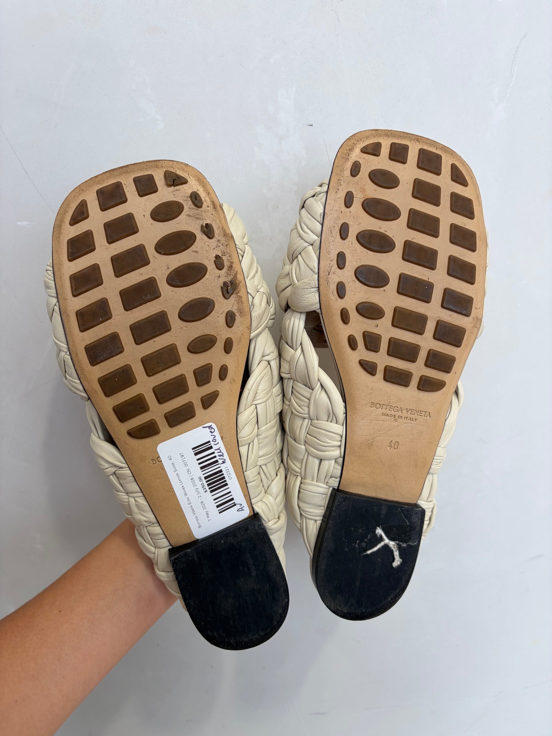 Bottega Veneta Ecru Woven Leather Slides, 40