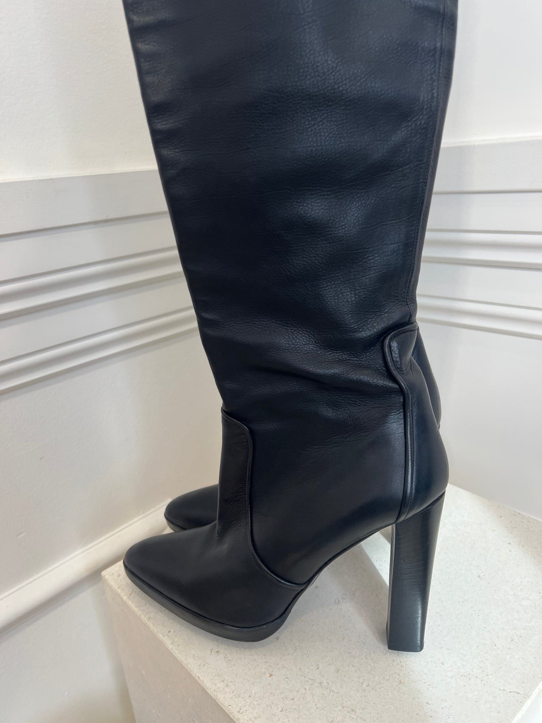 Hermès Black Leather Platform Knee High Boots, 40
