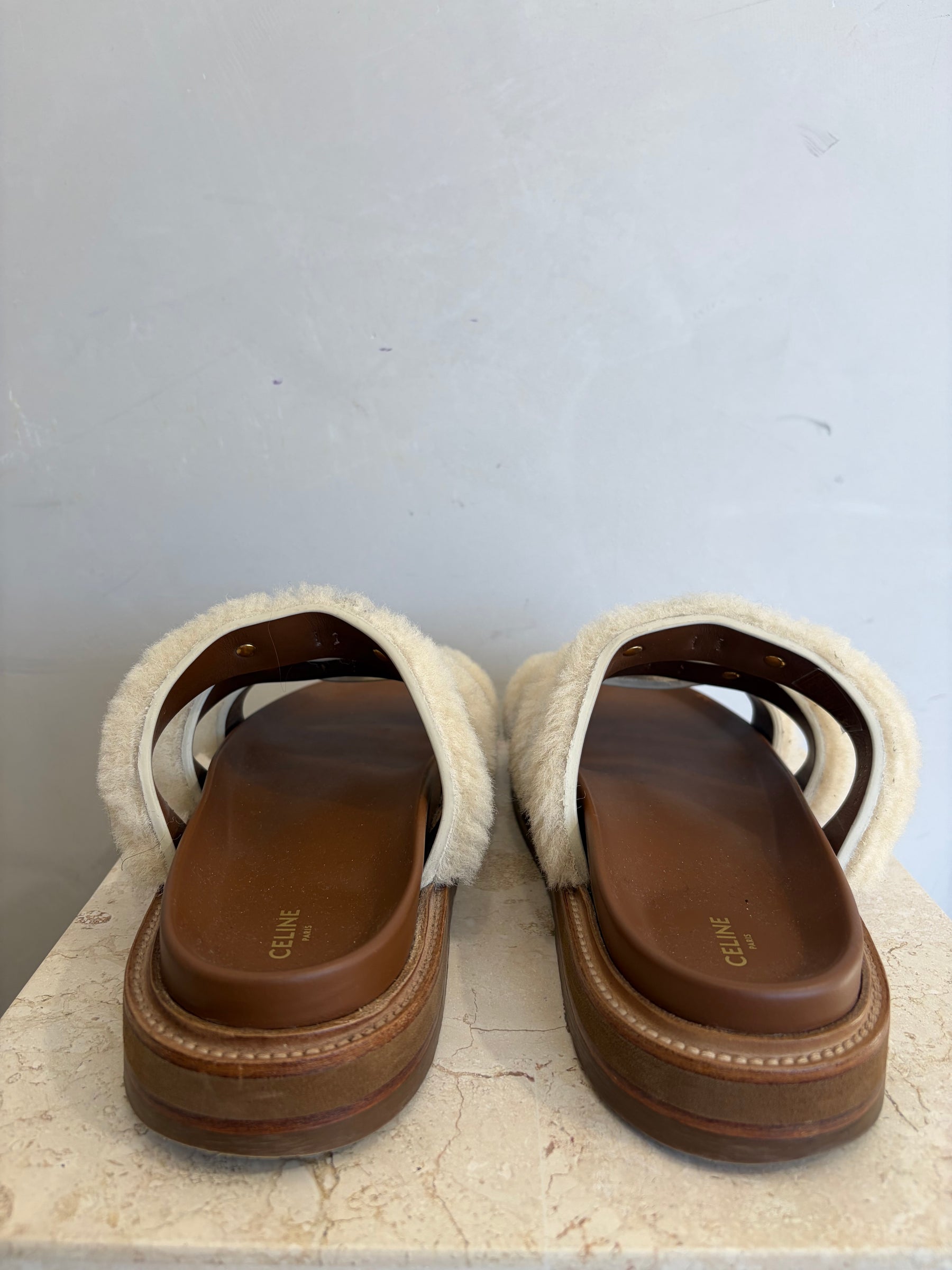 Celine Tan Leather and Cream Shearling Tippi Triomphe Slides, 40