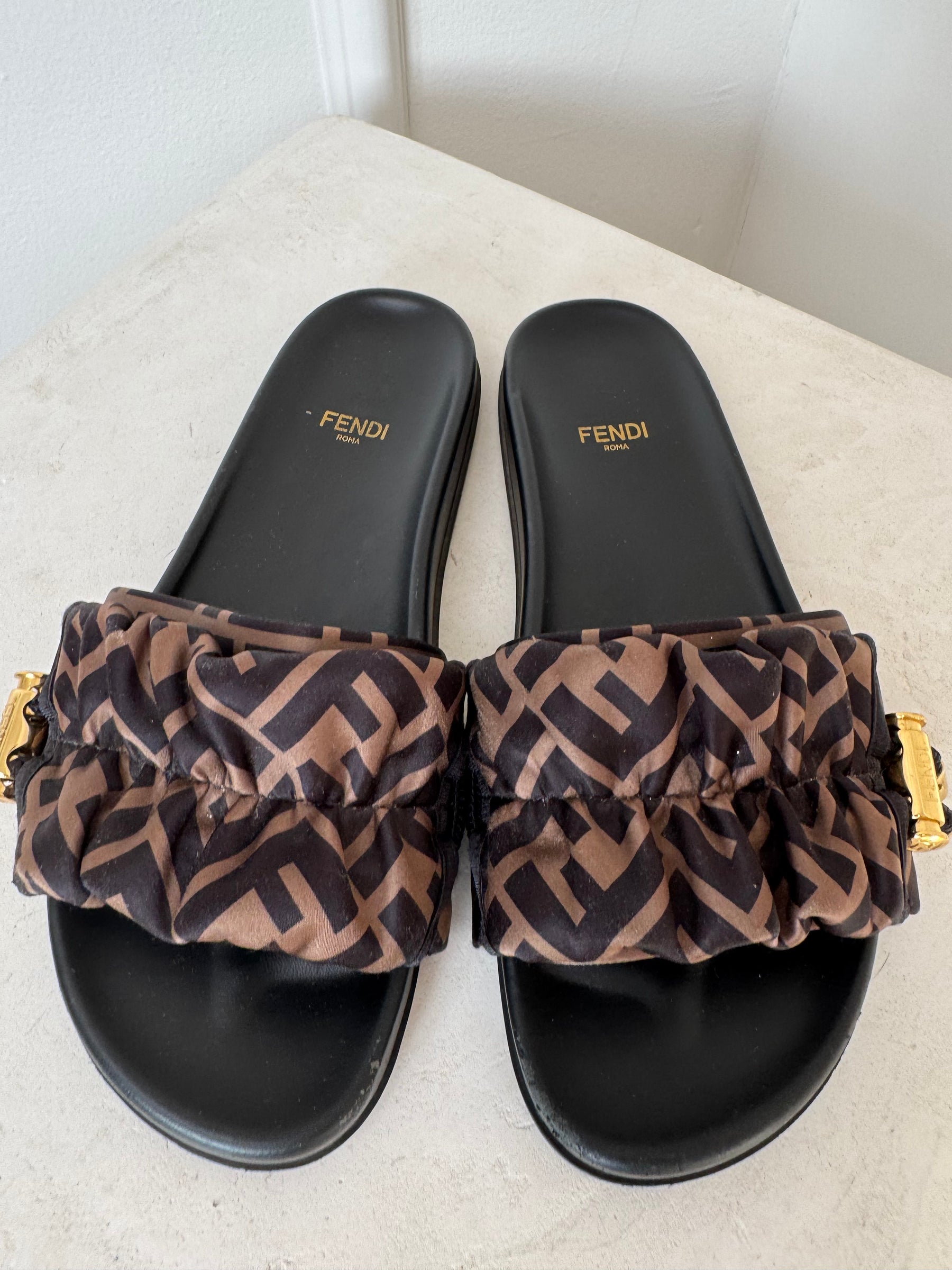 Fendi Feel Brown Satin Slides, 37