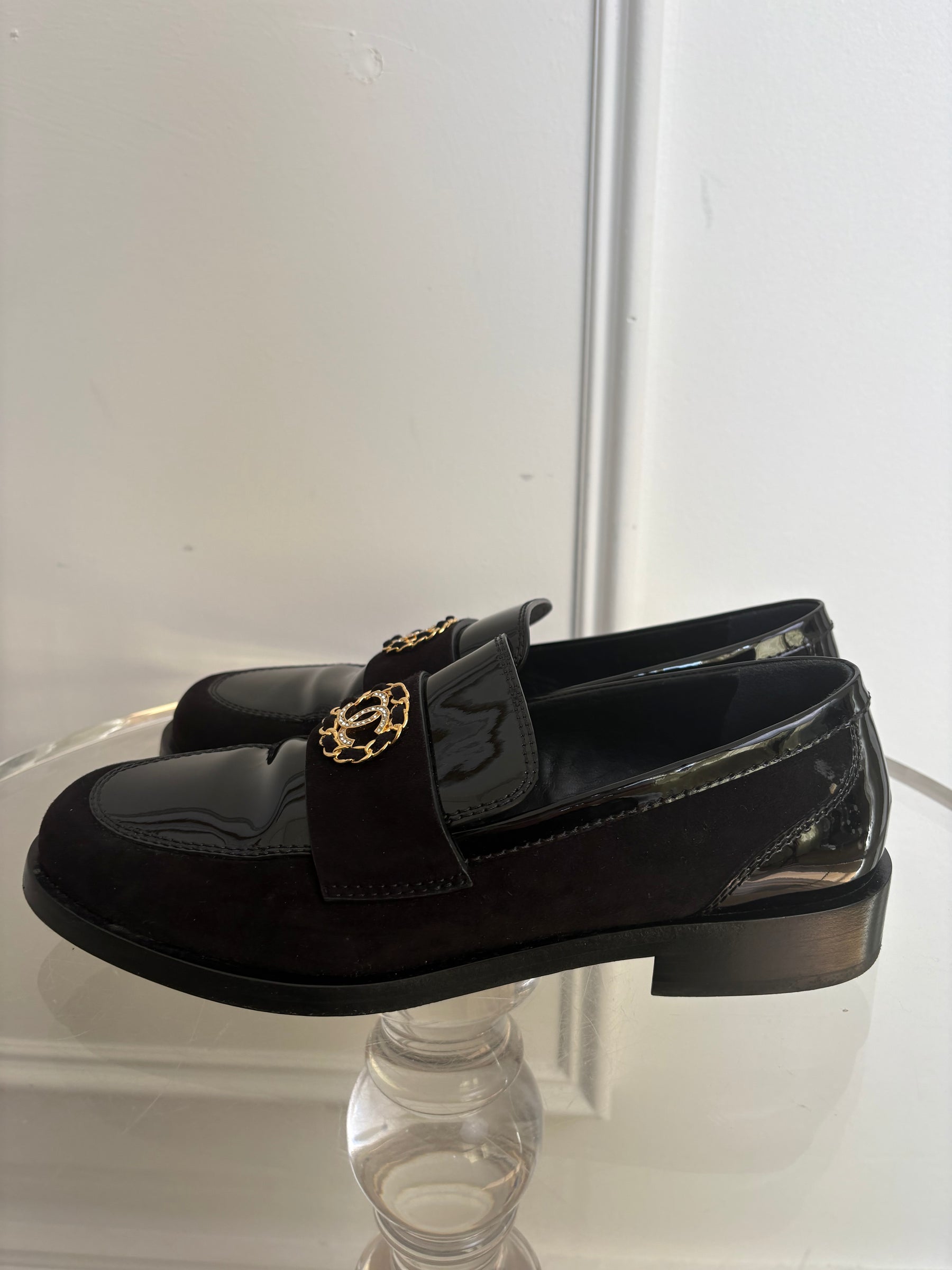 Chanel CC Black Patent And Suede Loafers, 39.5 C