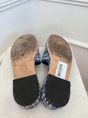 Chanel Blue and White Tweed Heeled Slides, 39.5