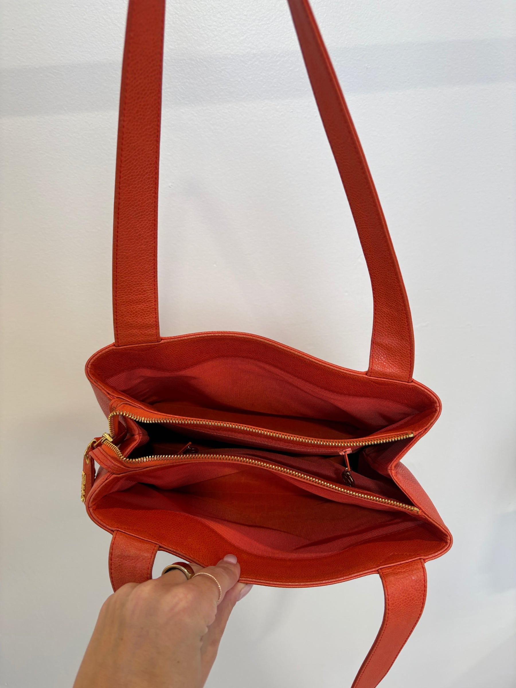 Chanel Orange Caviar Leather Logo Shopper Tote