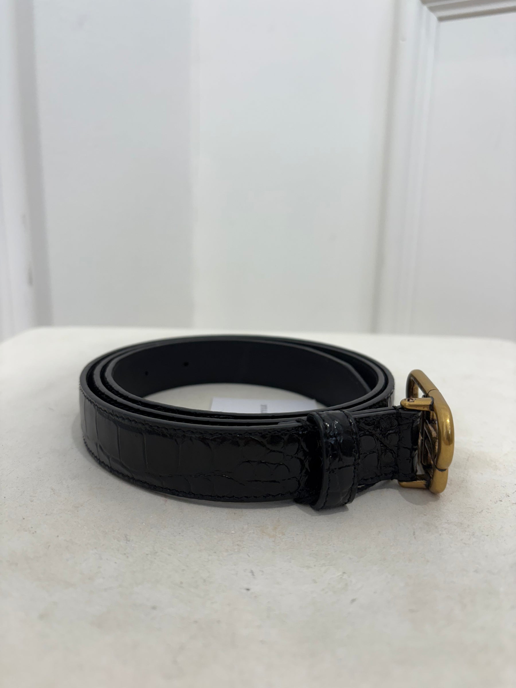 Balenciaga Black Croc Embossed Leather Logo Belt, 95