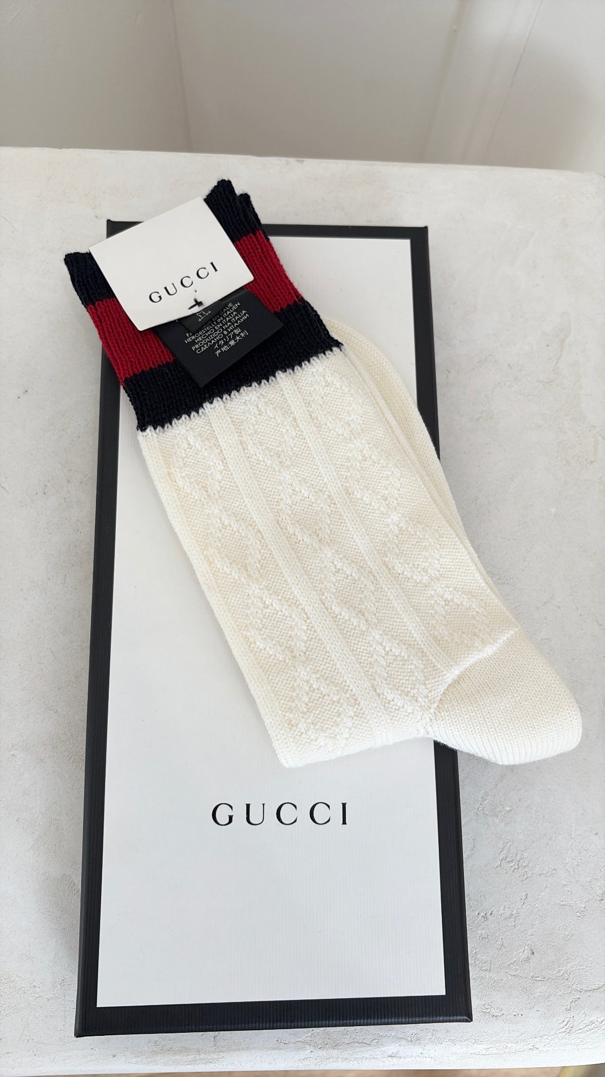 Gucci Cream Red and Navy Knit Wool Blend Socks, M