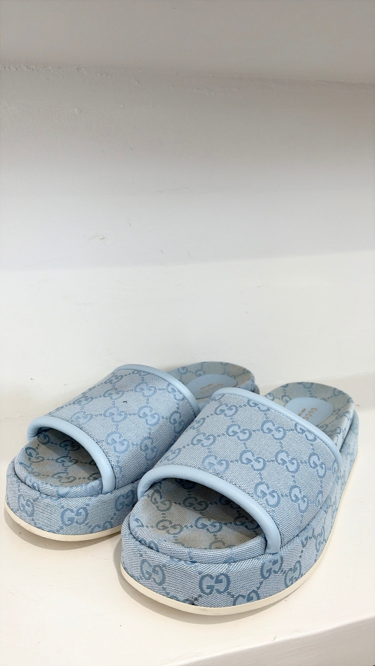 Gucci Blue Canvas Monogram Platform Slides, 39