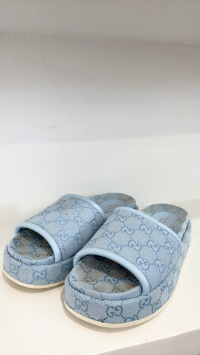 Gucci Blue Canvas Monogram Platform Slides, 39