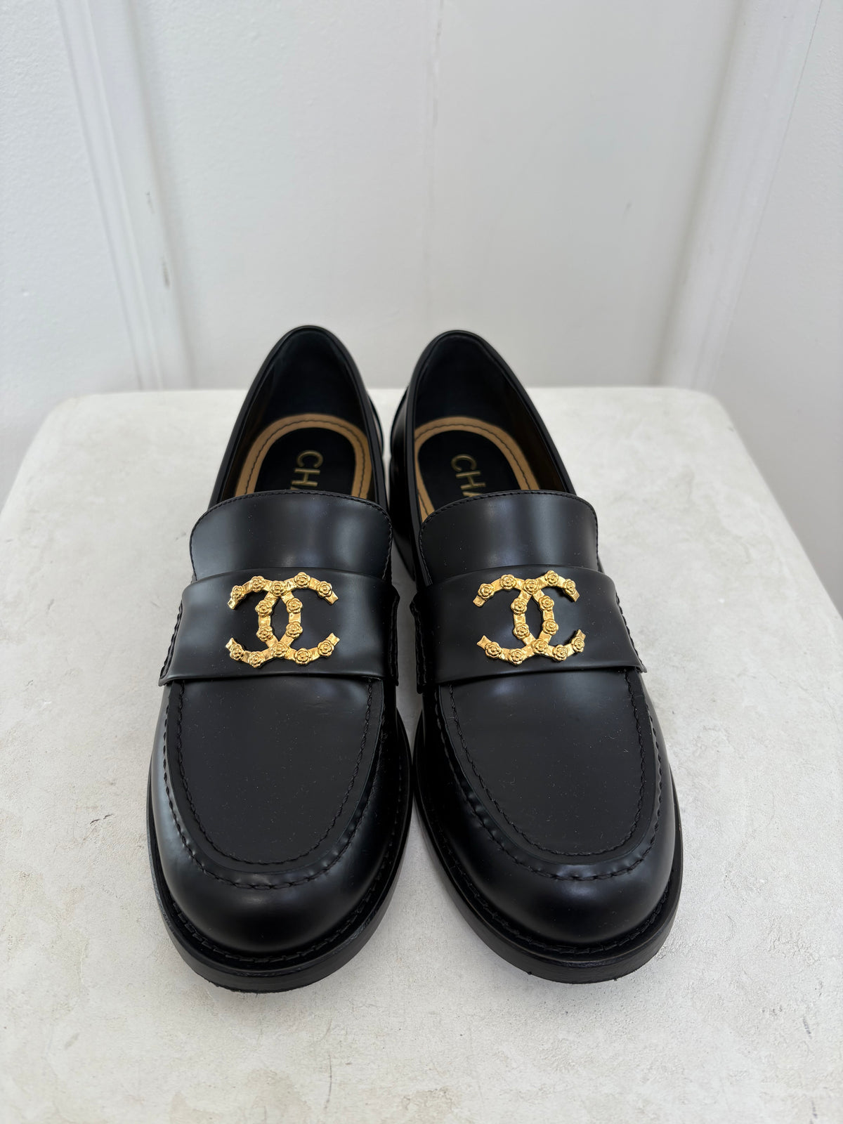Chanel Black Leather Camelia CC Loafer, 37 C