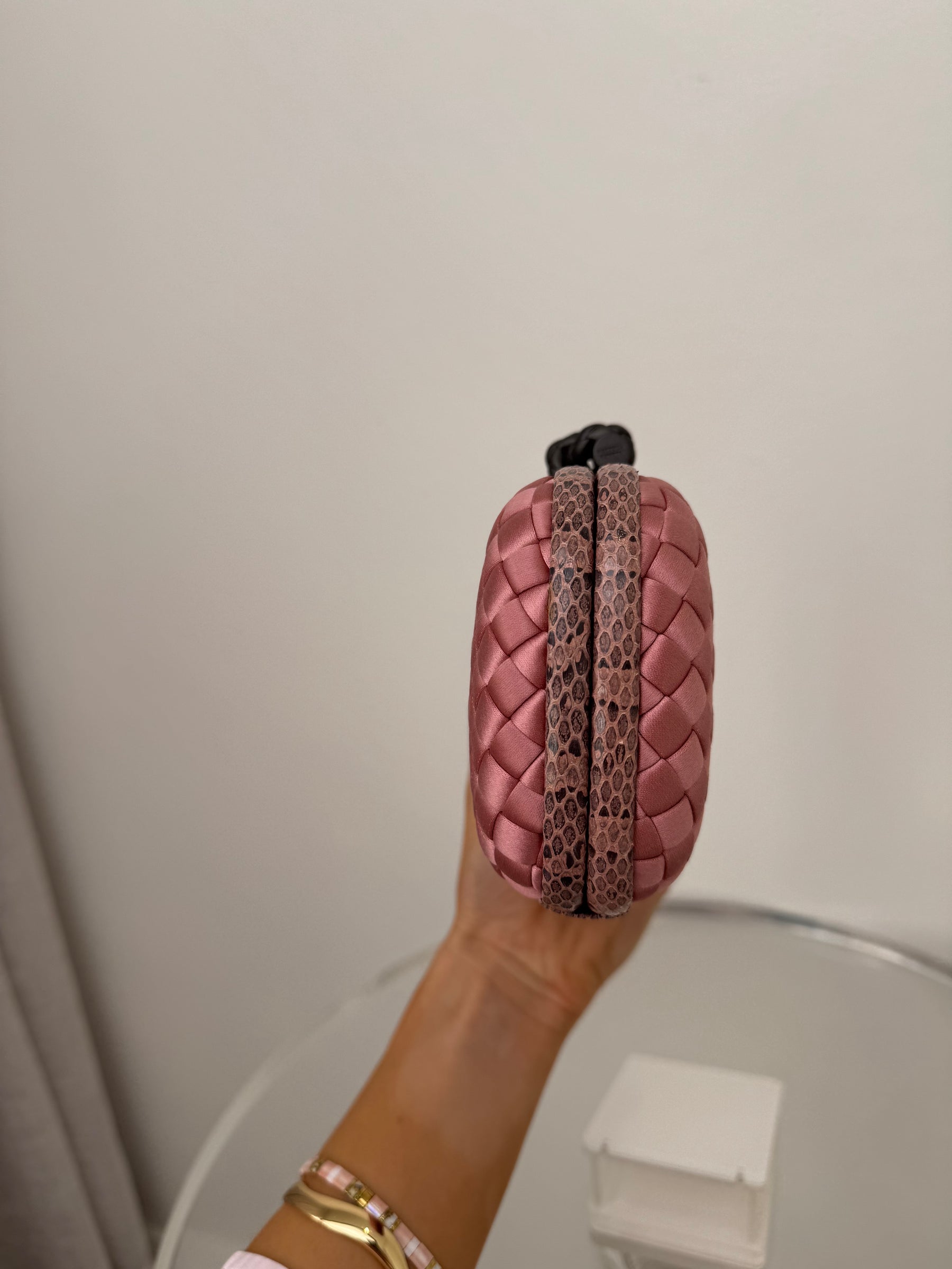 Bottega Veneta Musk Woven Silk Python Trim Knot Clutch