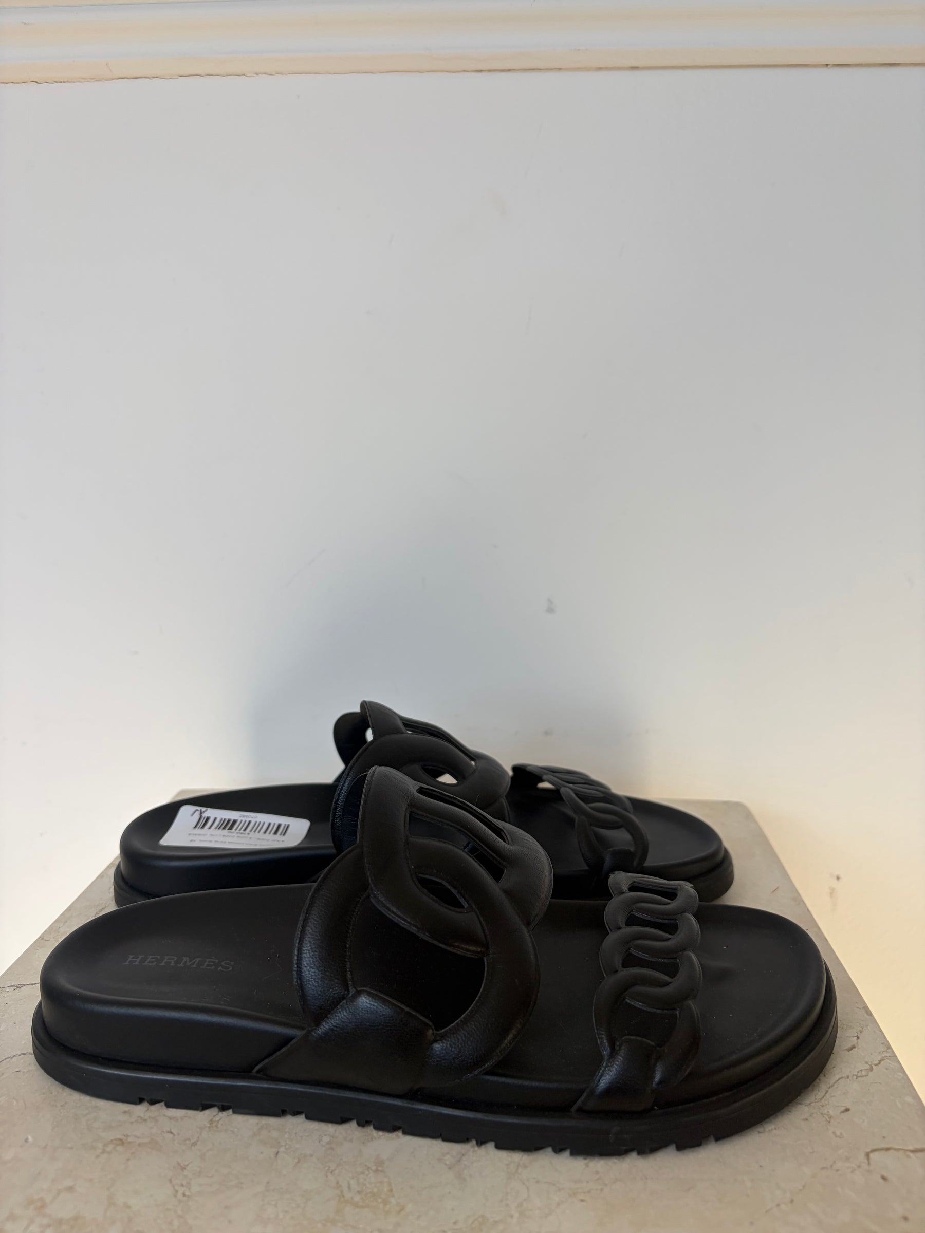 Hermès Black Leather Extra Slides, 38