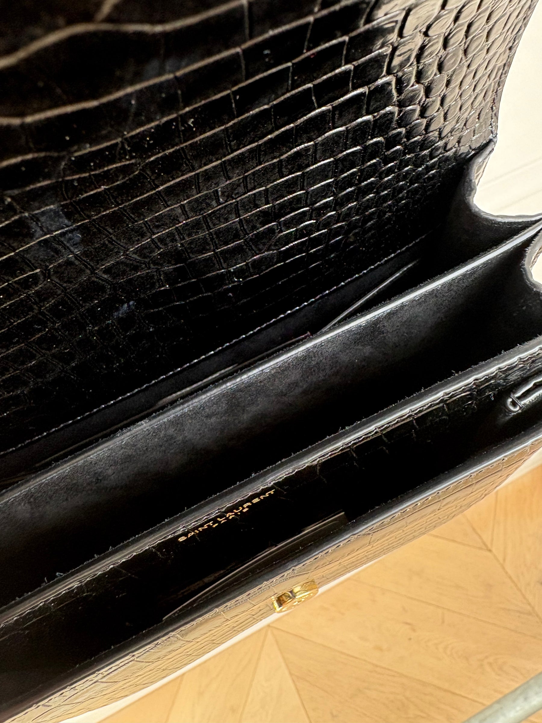 Saint Laurent Black Croc Embossed Sunset Bag