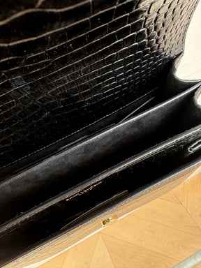 Saint Laurent Black Croc Embossed Sunset Bag