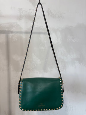 Valentino Rockstud Glam Lock Shoulder Bag In Green Black Trim