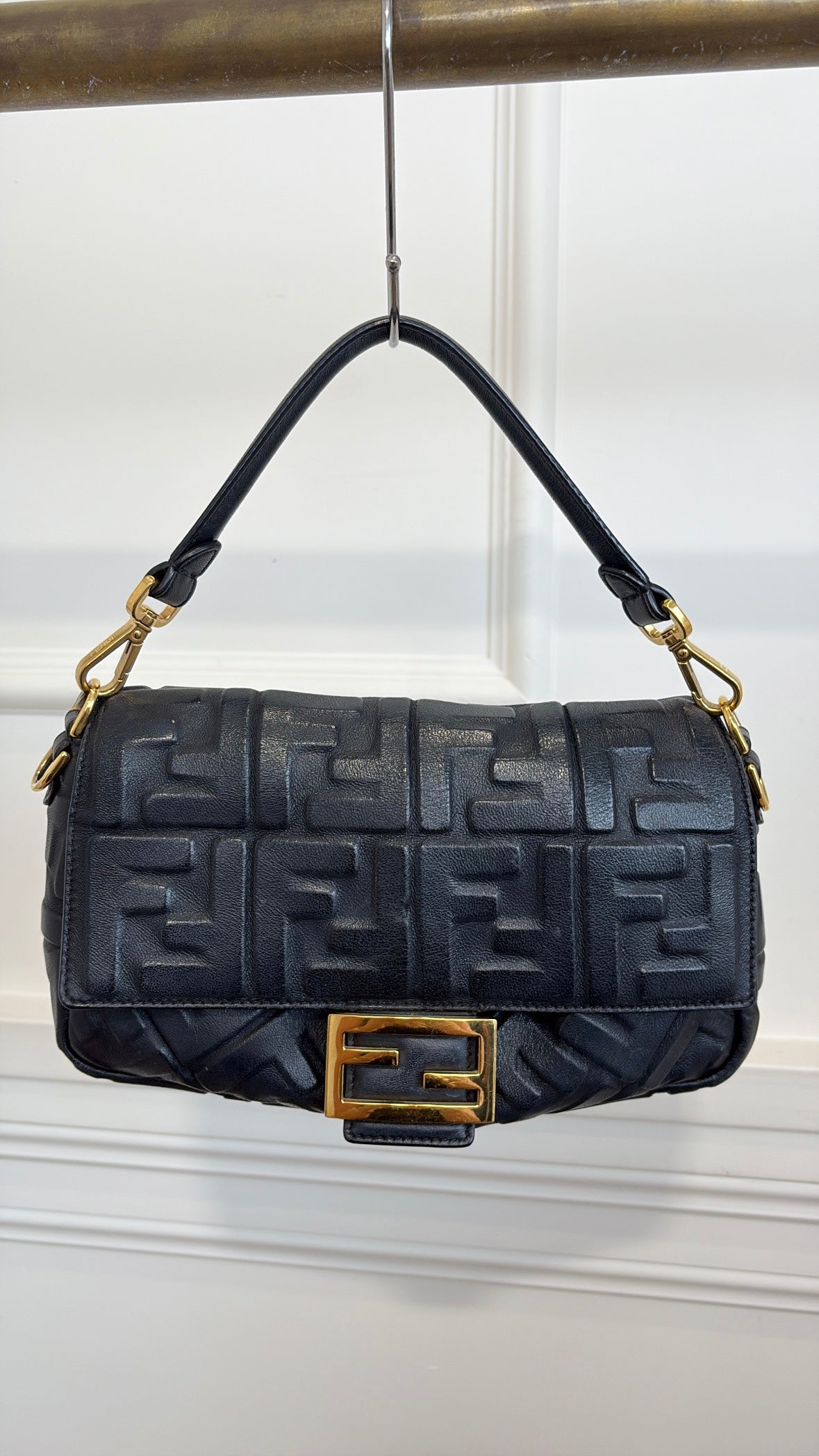 Fendi Black Leather Debossed Monogram Baguette Bag