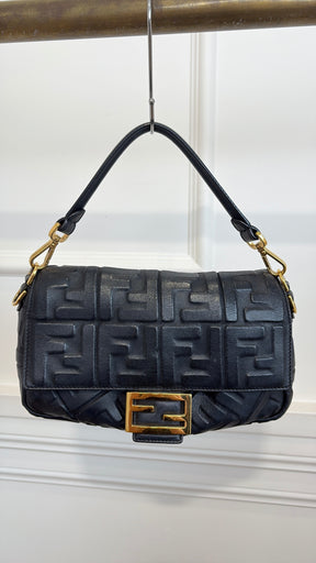 Fendi Black Leather Debossed Monogram Baguette Bag