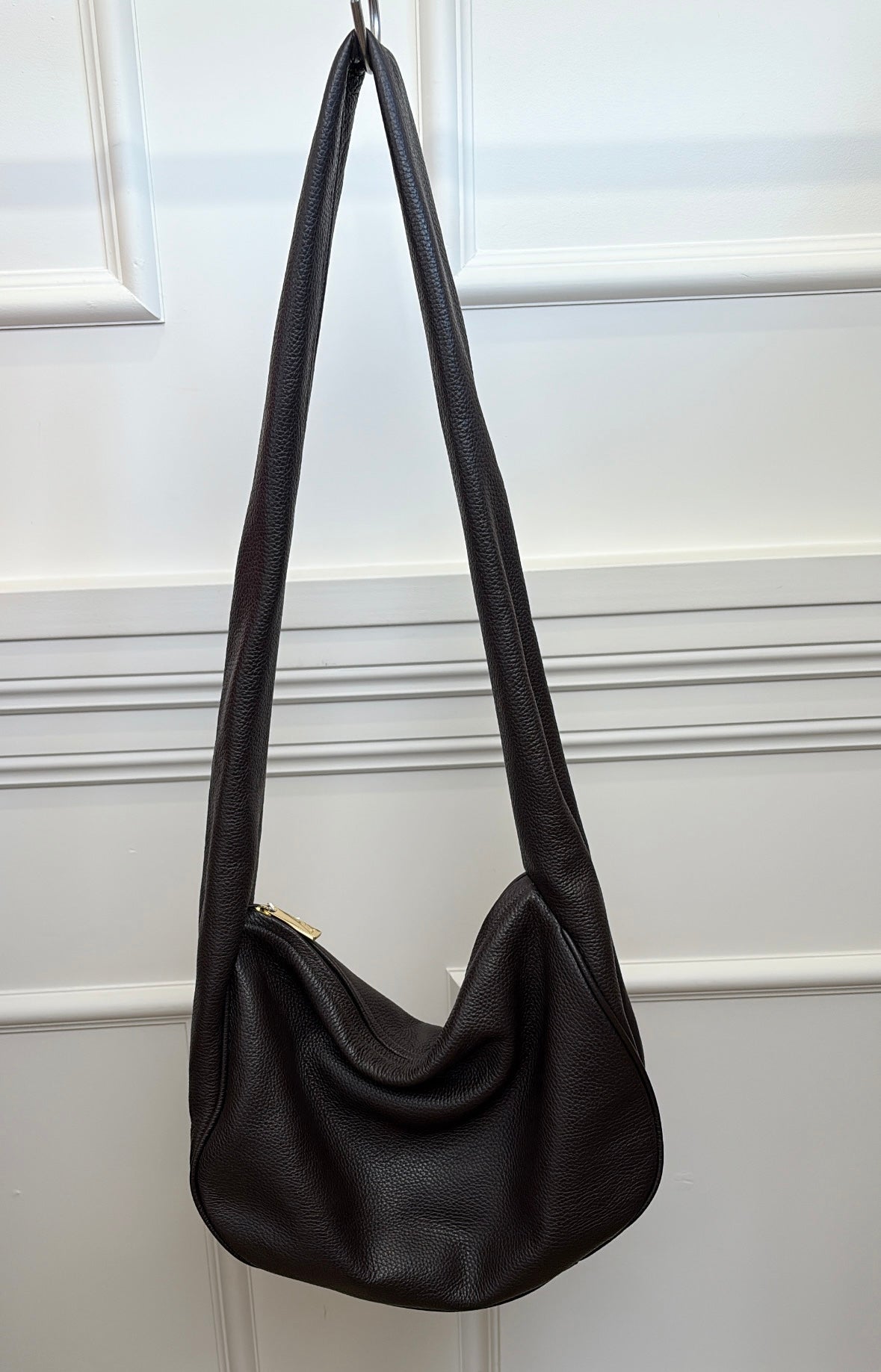 A-ESQUE Brown Grained Leather Crossbody Slouch Bag