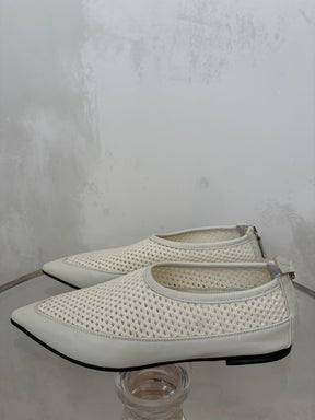 bassike Off White Pointed Toe Mesh Leather Flats, 37