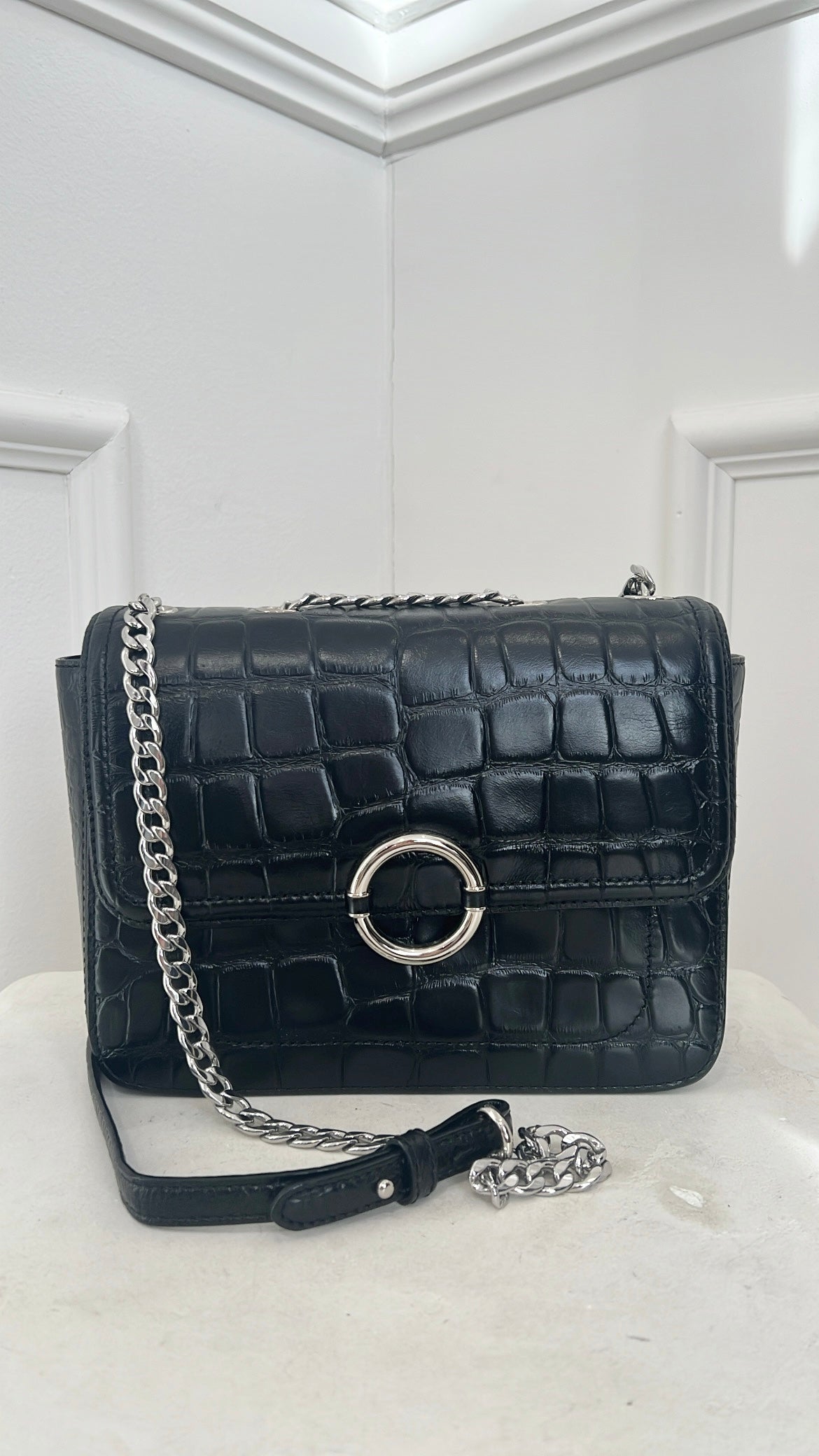 Oroton Ashby Croc Effect Shoulder Bag Tone Silver Hardware