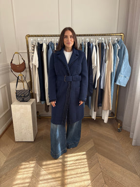 Chanel Navy Knitted Coat With Fringing Detail And Belt, 40 FR