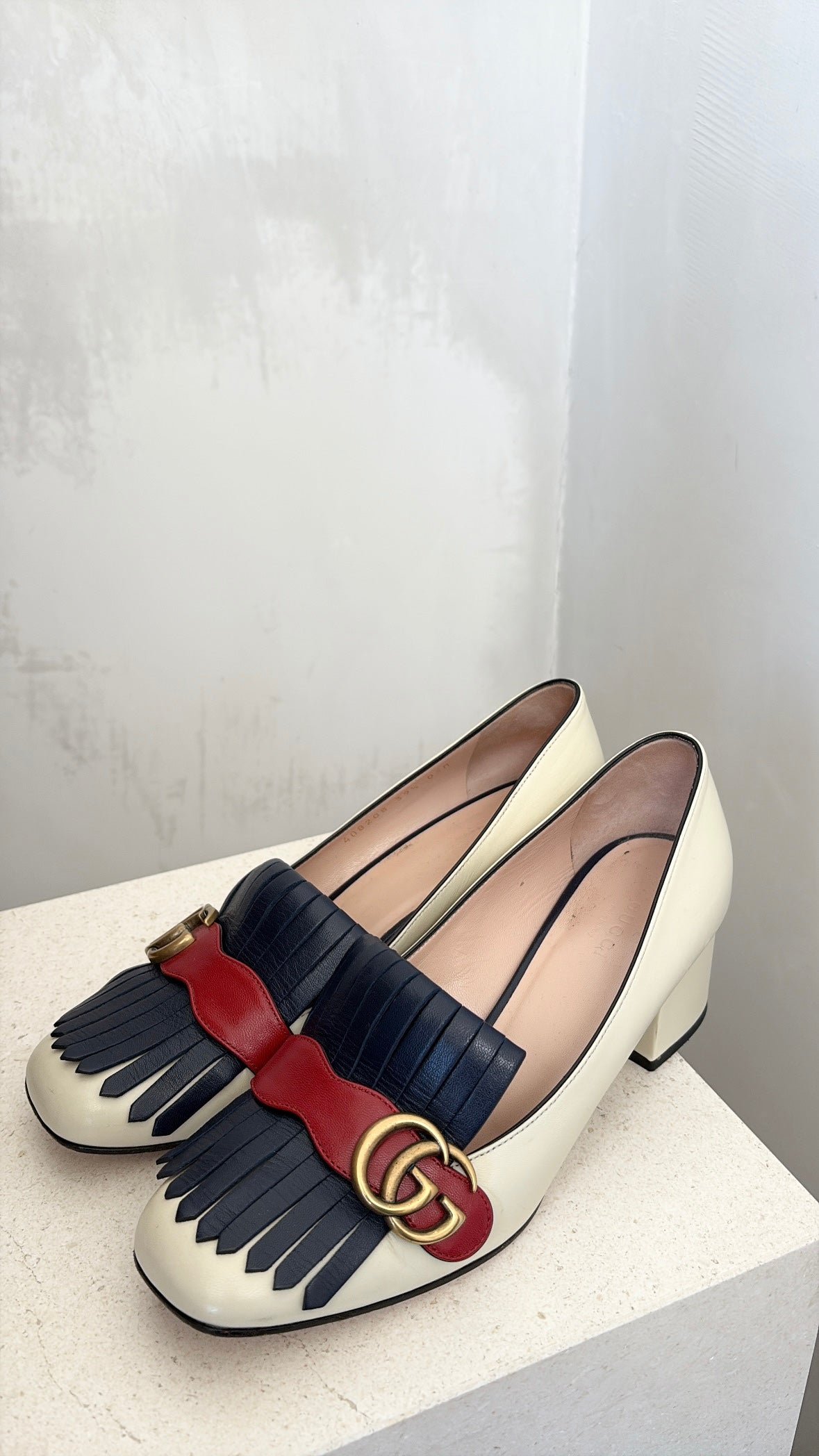 Gucci Marmont Pumps White Blue Red Fringe Detail, 39.5