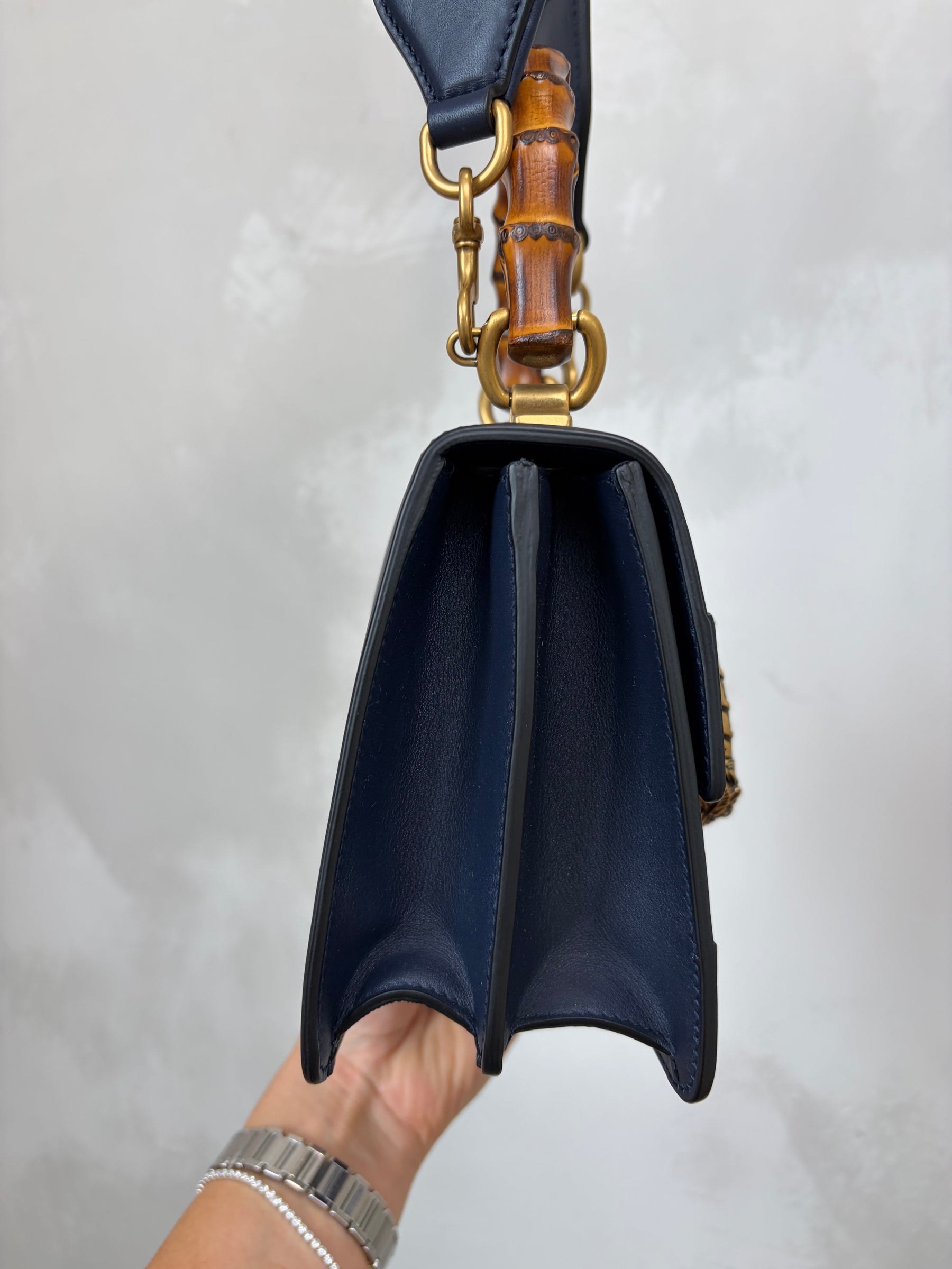 Gucci Navy Green and Red Leather Bamboo Top Handle Dionysus Bag