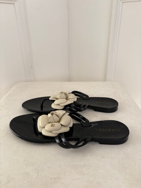 Chanel Black Rubber White Camellia Thongs, 37