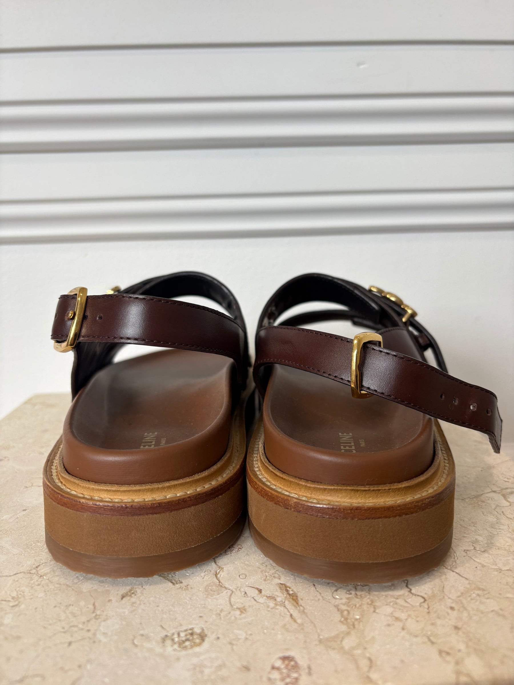 Celine Tippi Triomphe Sandals In Dark Brown, 38