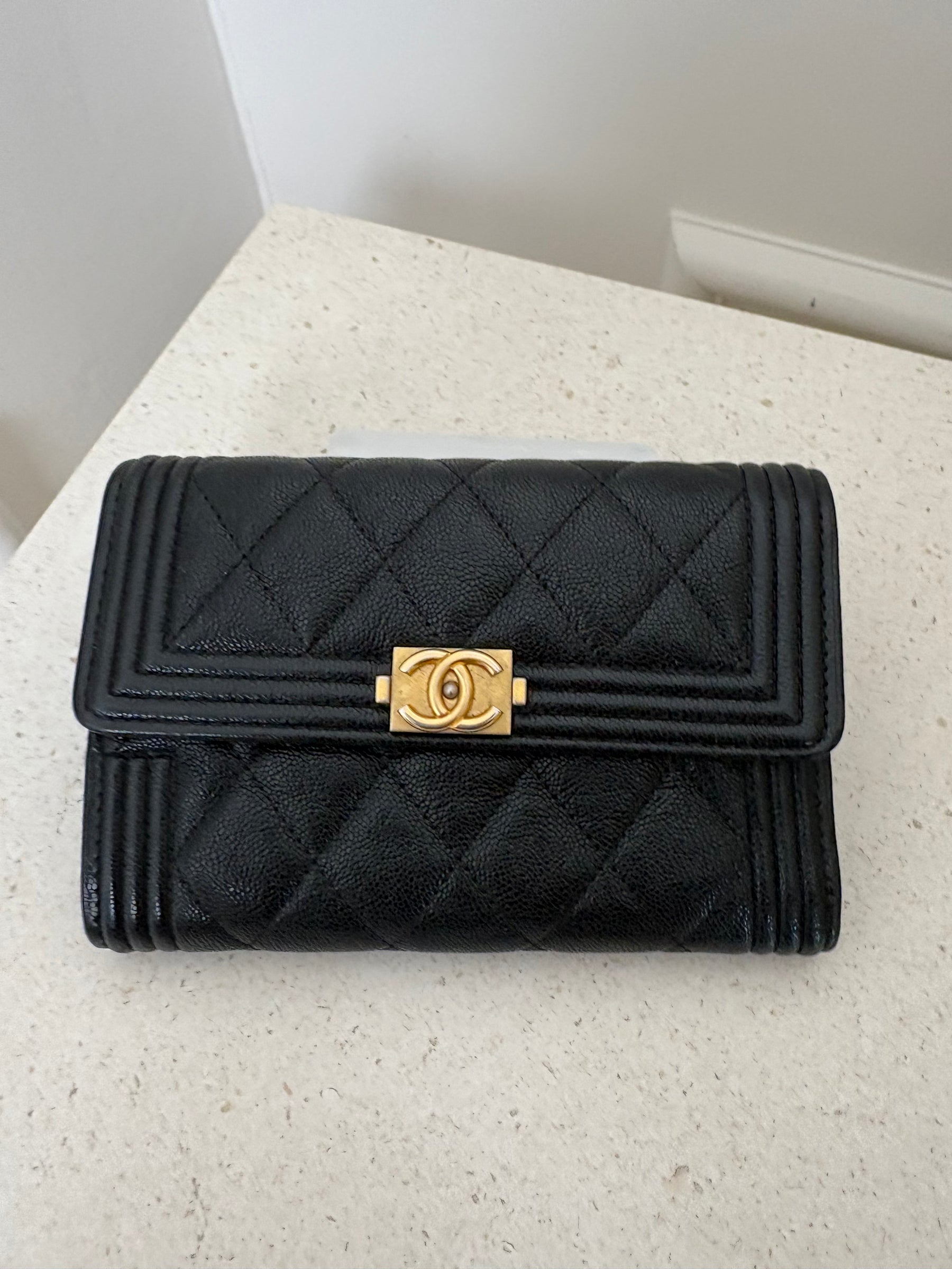 Chanel Black Caviar Leather Trifold Boy Wallet