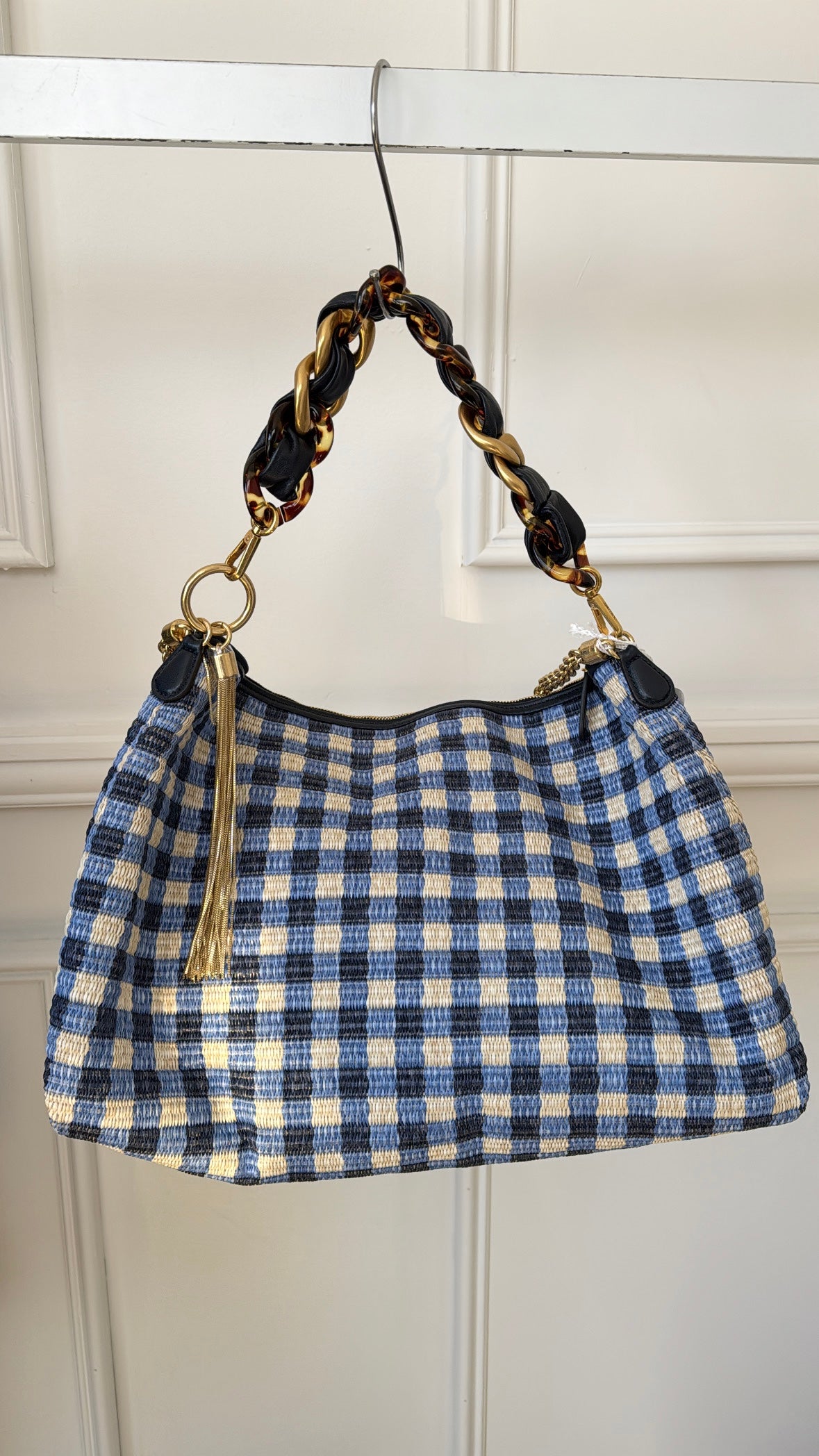 Jimmy Choo Blue Navy and Beige Checked Raffia Cali Maxi Bag
