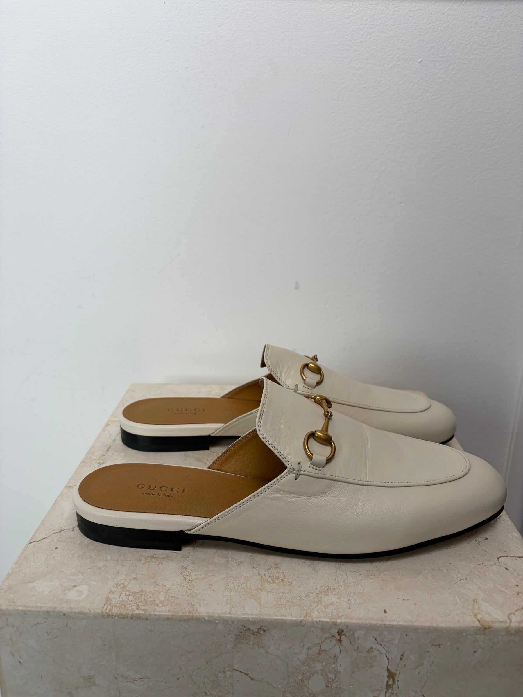 Gucci White Leather Princeton Mules, 39.5