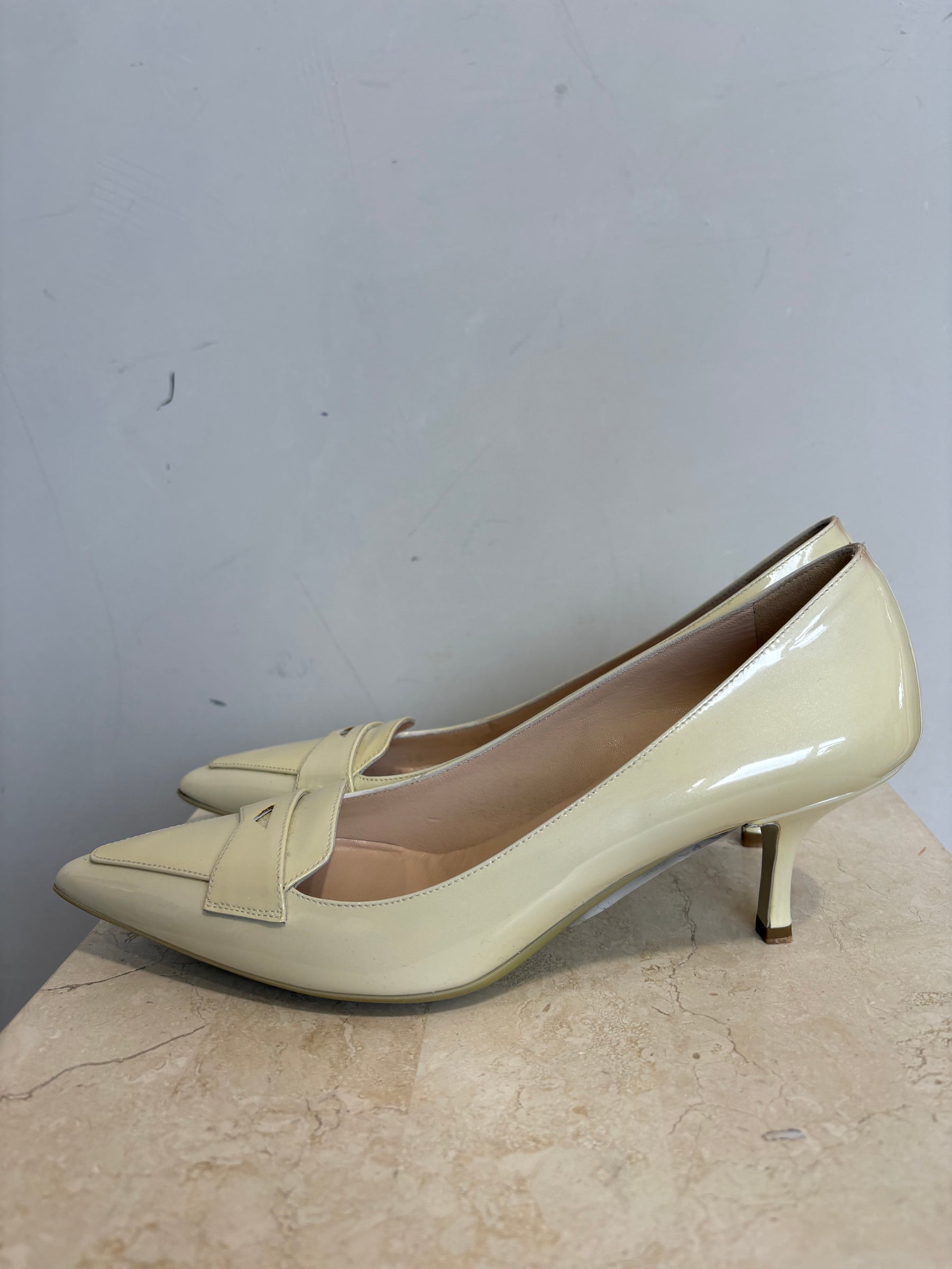 Prada Cream Patent Pointed Loafer Pump, 38