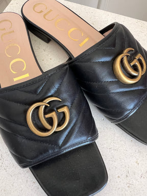Gucci Marmont Black Leather Slides, 39