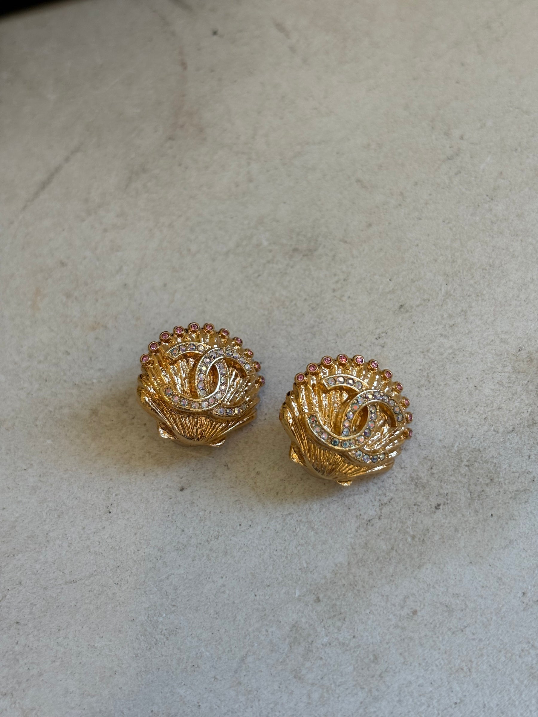 Chanel Gold Tone Pink and Blue Crystal Shell Clip On Earrings