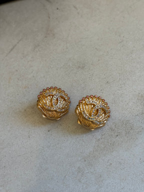 Chanel Gold Tone Pink and Blue Crystal Shell Clip On Earrings