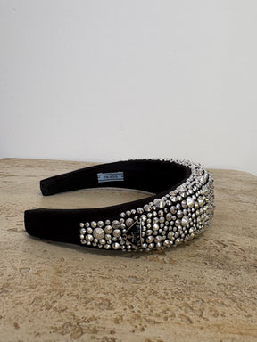 Prada Black and Crystal Studded Logo Headband
