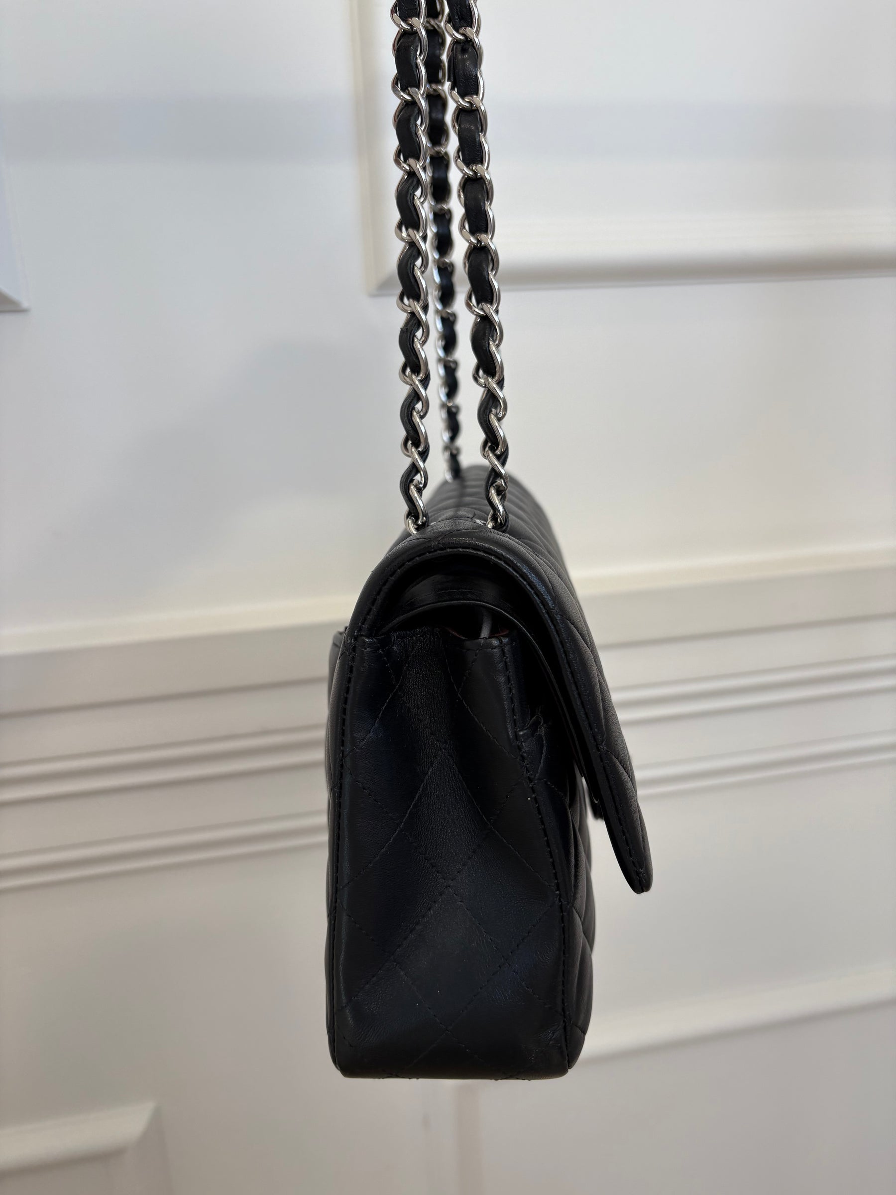 Chanel Black Lambskin Leather Medium Classic Flap with Silver Hardware