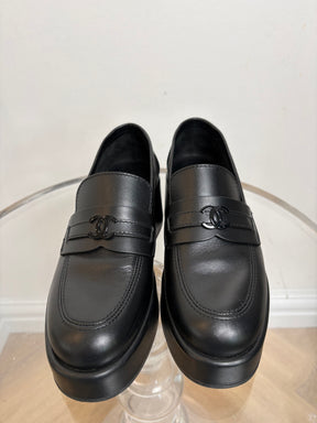 Chanel Black Leather Platform Logo Loafer, 37 C