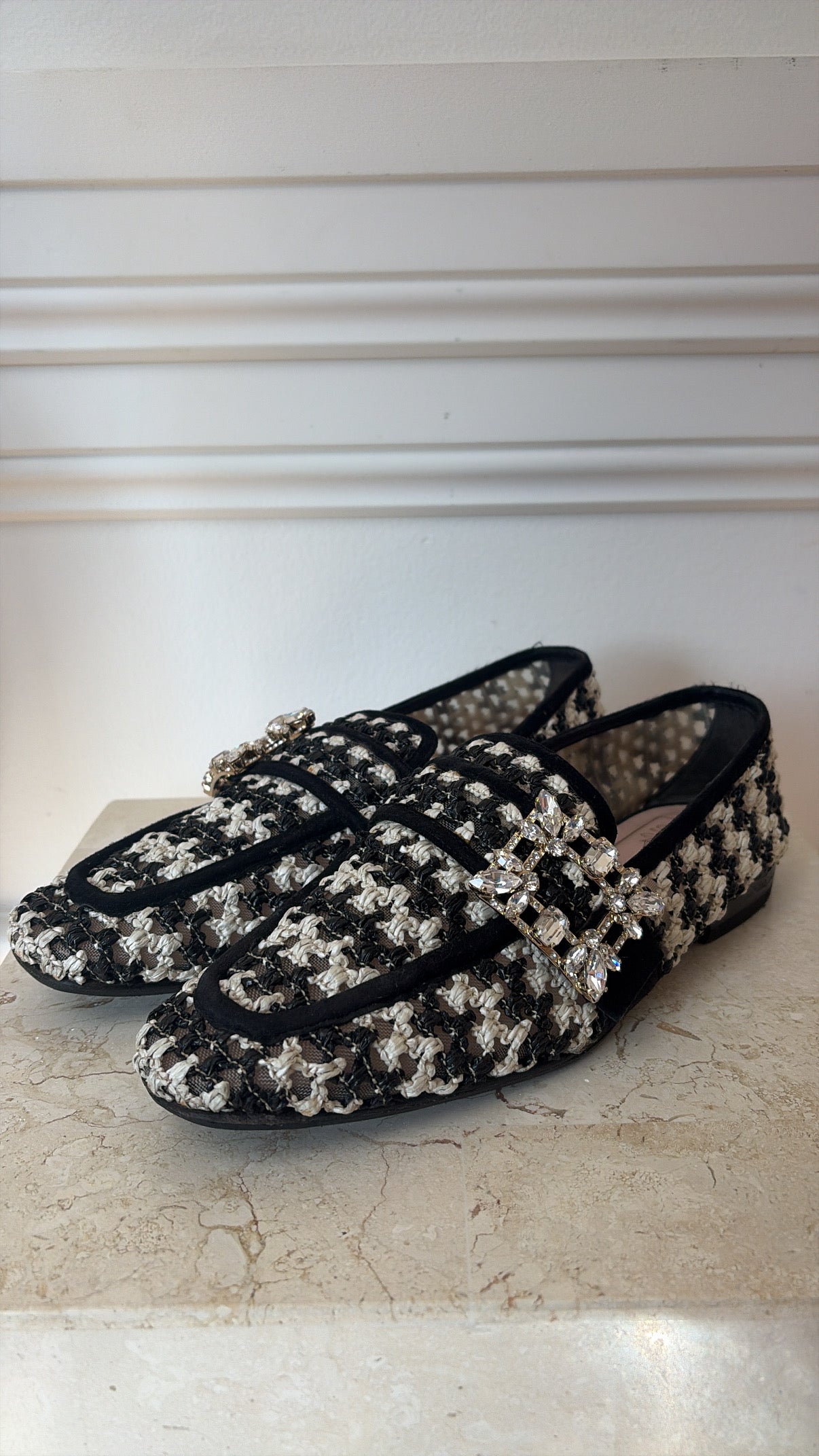 Roger Vivier Cream and Black Crochet Crystal Buckle Loafer, 37