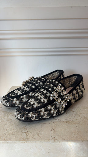 Roger Vivier Cream and Black Crochet Crystal Buckle Loafer, 37