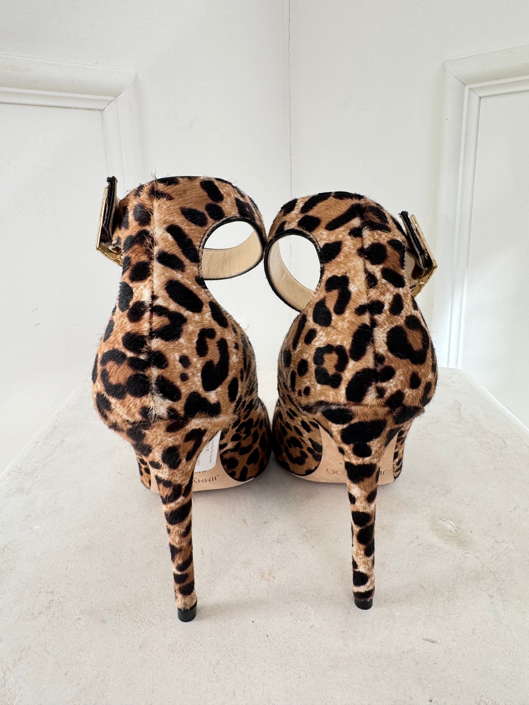 Jimmy Choo Helena Leopard Print Pony Hair Ankle Strap Heels, 38