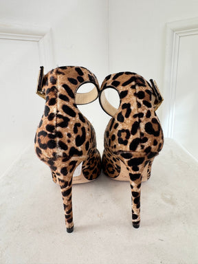 Jimmy Choo Helena Leopard Print Pony Hair Ankle Strap Heels, 38