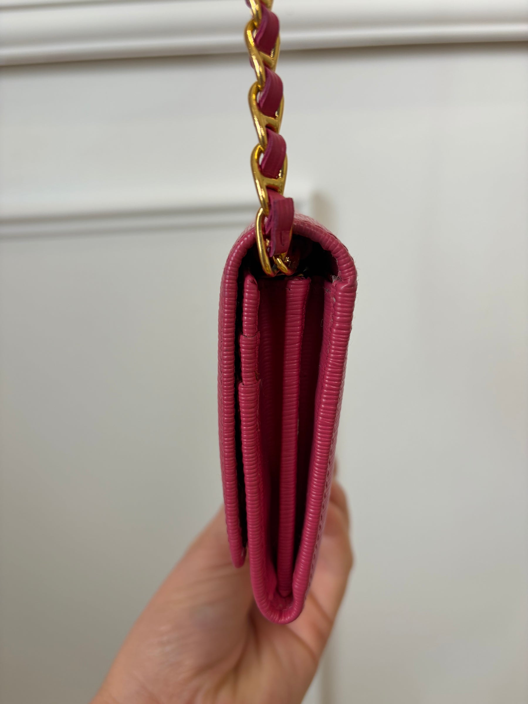 Prada Pink Grained Leather Wallet on Chain