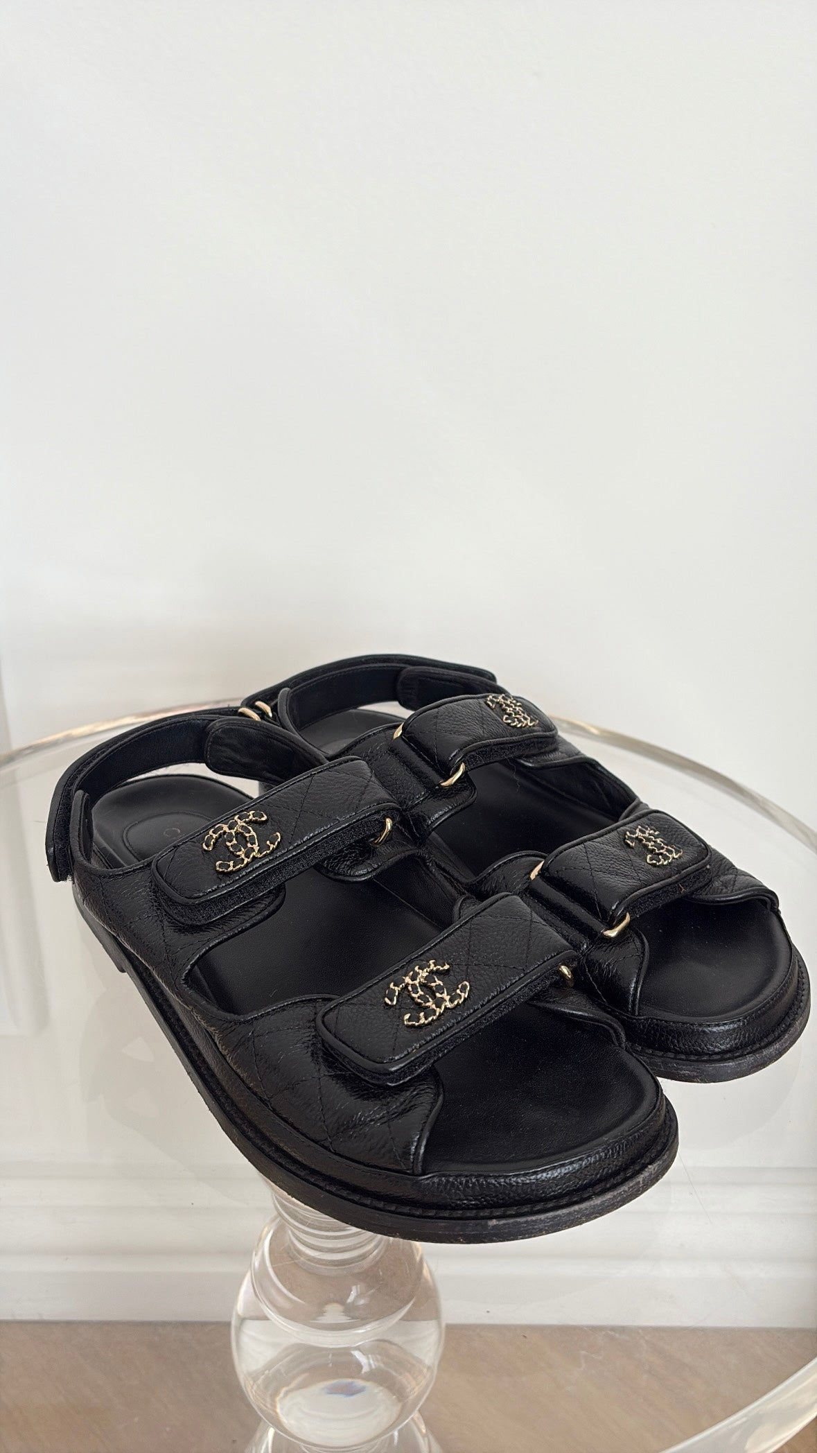 Chanel Black Caviar Leather Dad Sandals, 37.5C