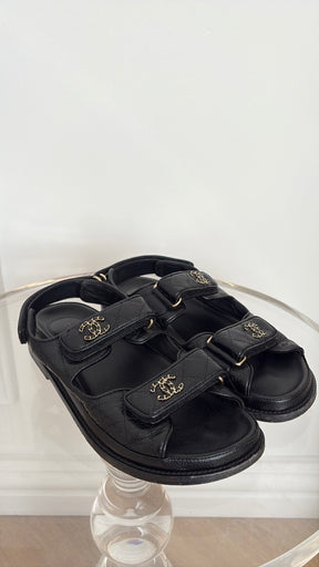 Chanel Black Caviar Leather Dad Sandals, 37.5C