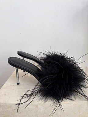 Deering Black Feather Heeled Mules, 40