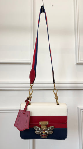 Gucci Red, White and Navy Leather Embellished Bee Shoulder Bag