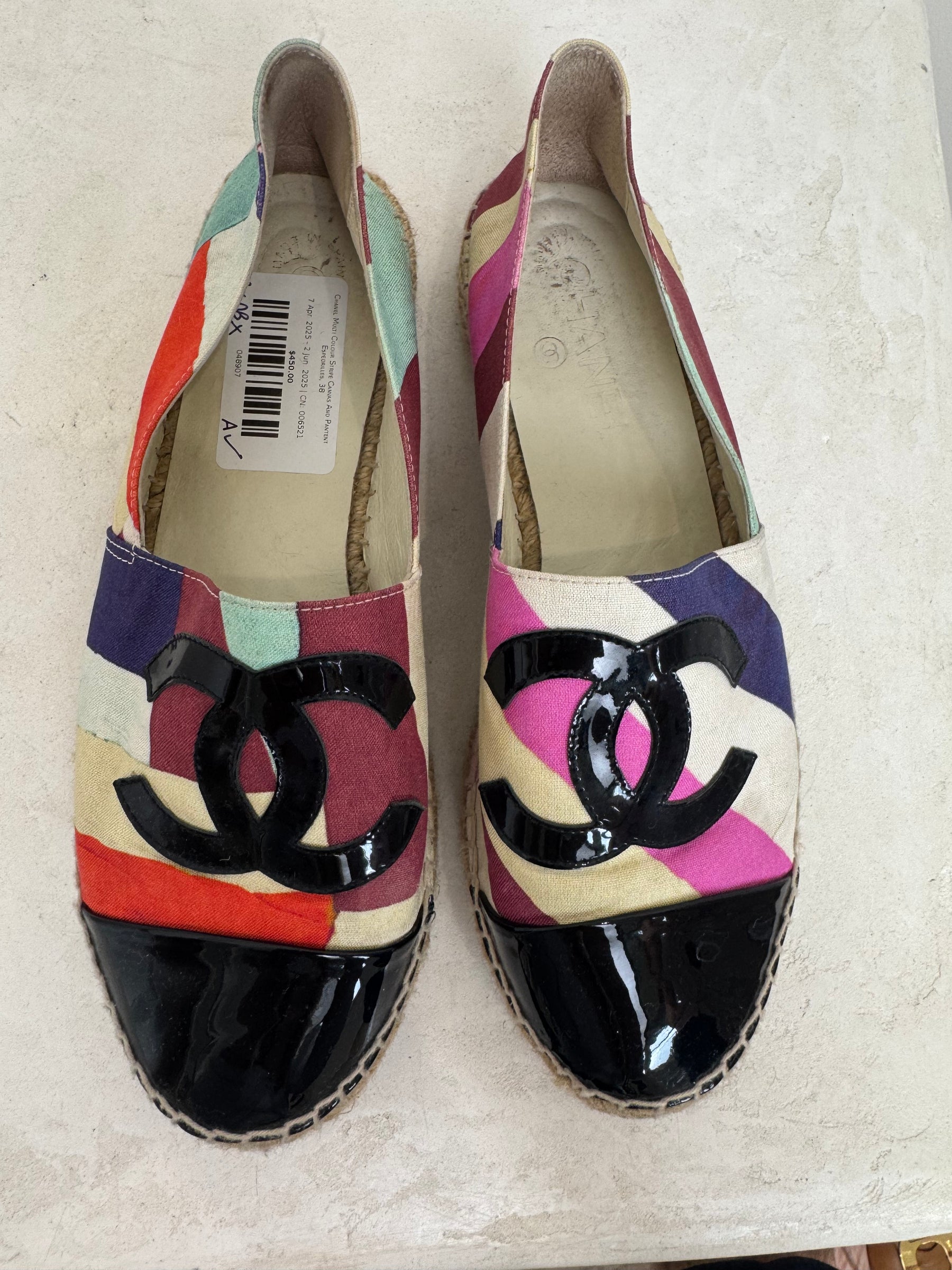 Chanel Multi Colour Stripe Canvas And Pantent Espedrilles, 38