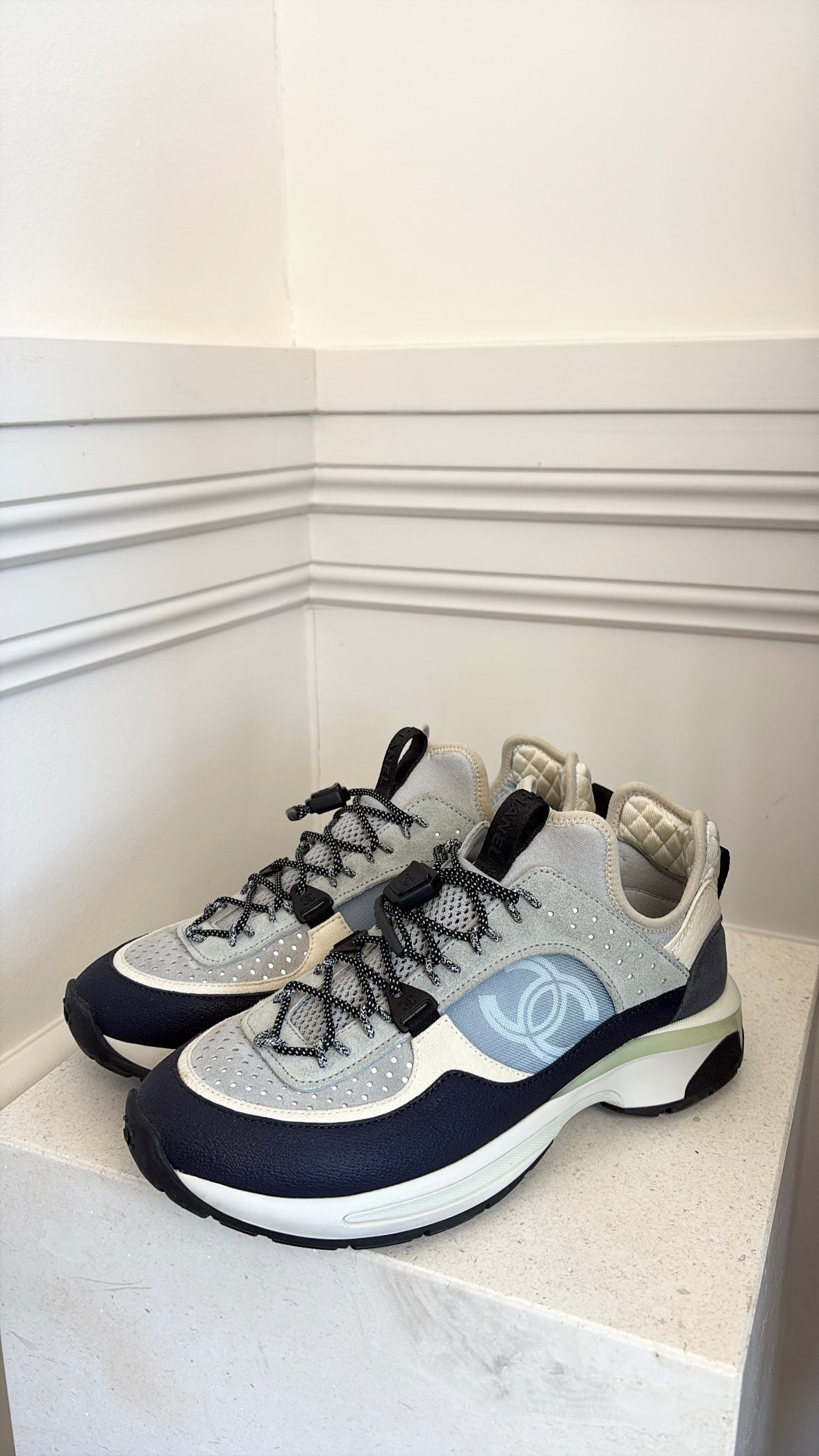 Chanel Navy and Sage Logo Trainers, 38