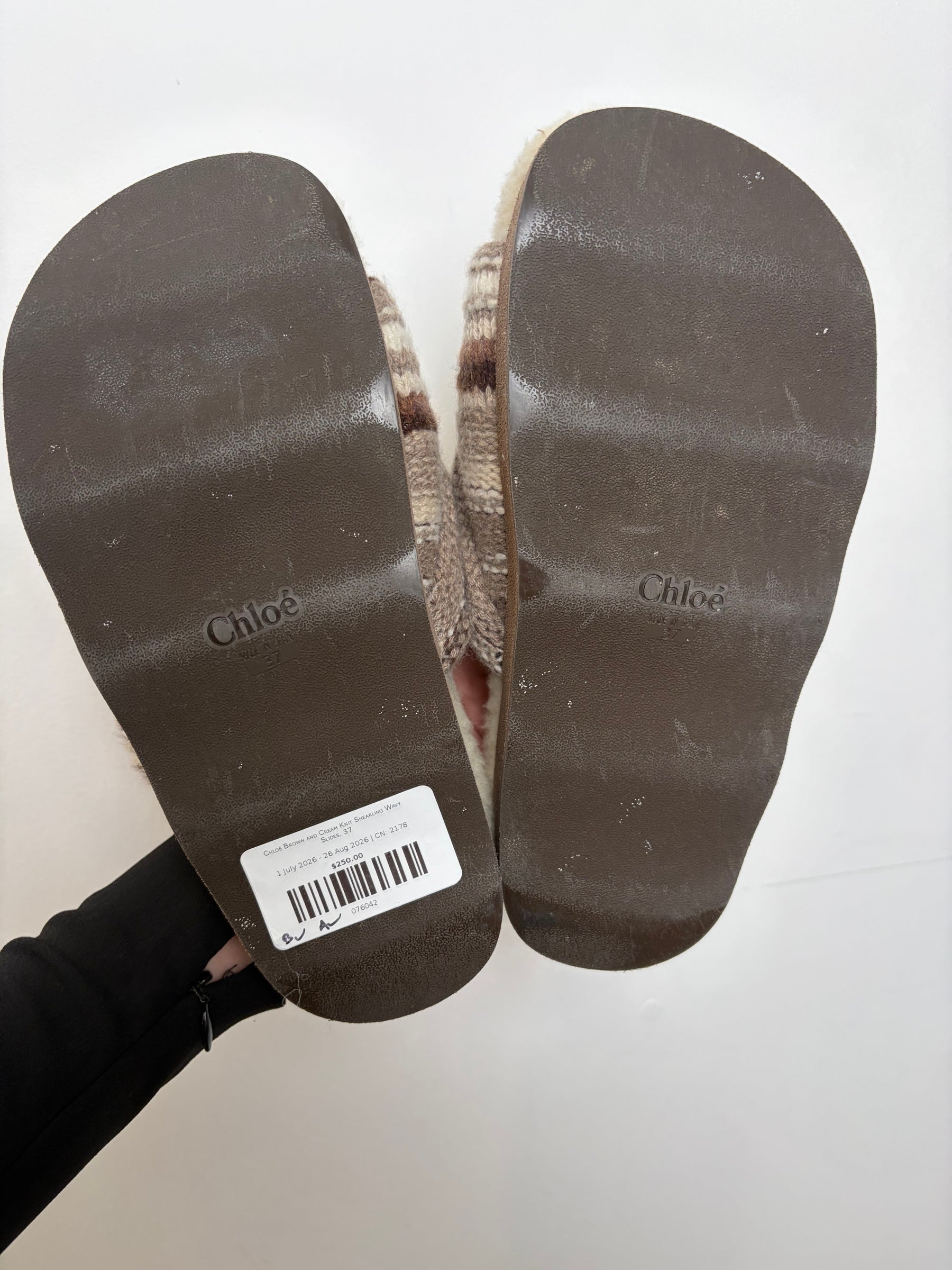 Chloé Brown and Cream Knit Shearling Wavy Slides, 37