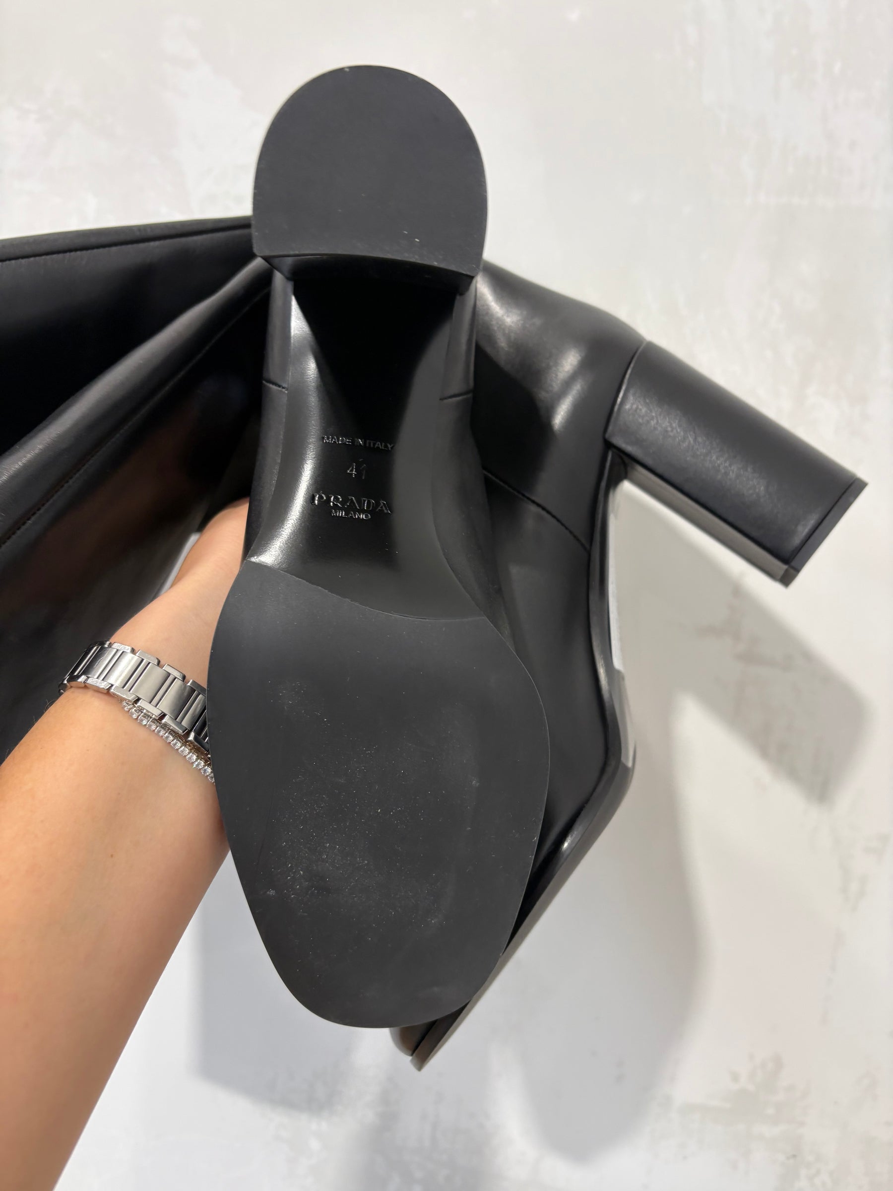 Prada Knee High Block Heal Boots Black Leather, 41